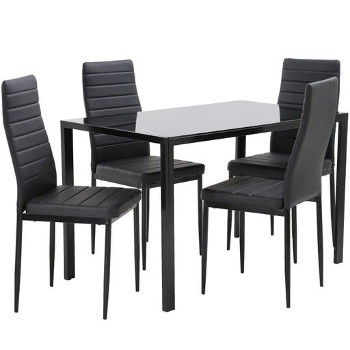 View 1 of **ONLY THE TABLE** Fdw Modern 5-Piece Dining Set - Black Glass Table, 4 Upholstered Faux Leather Chairs, Space-Saving Rectangular Kitchen & Dining Room One Size