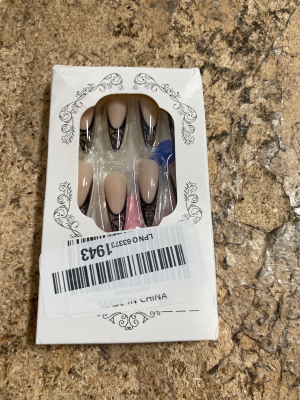 View 2 of 24Pcs Black French Tip Lace Press on Nails Stiletto Almond Fake Nails French Tip Nails Press ons Black Lace Y2k Goth Glossy Coquette Aesthetic Glue on Nails Easy Apply Stick on Nail for Women Manicure
