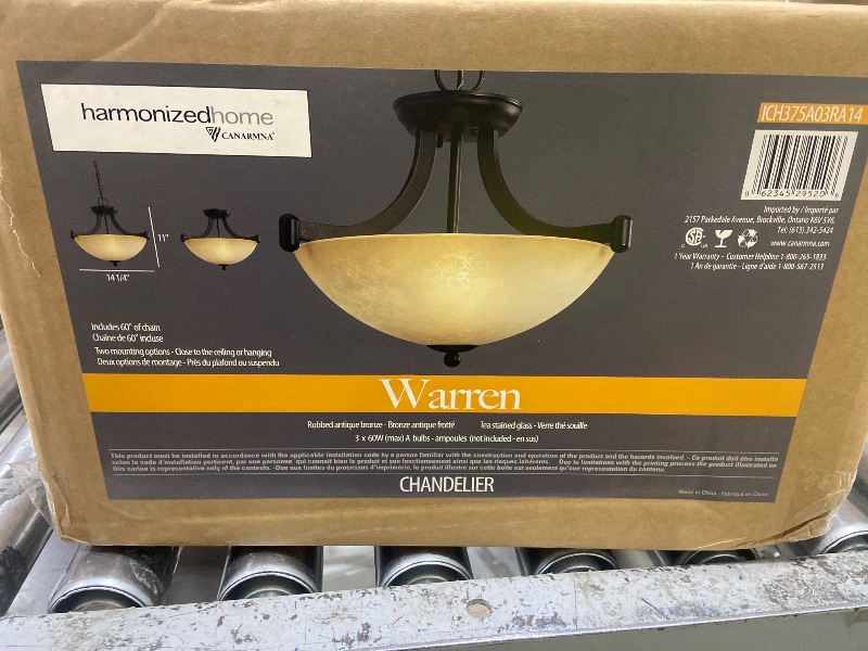 Photo 1 of Warren 3-Light Rubbed Antique Bronze Chandelier with Tea Stained Glass Shade