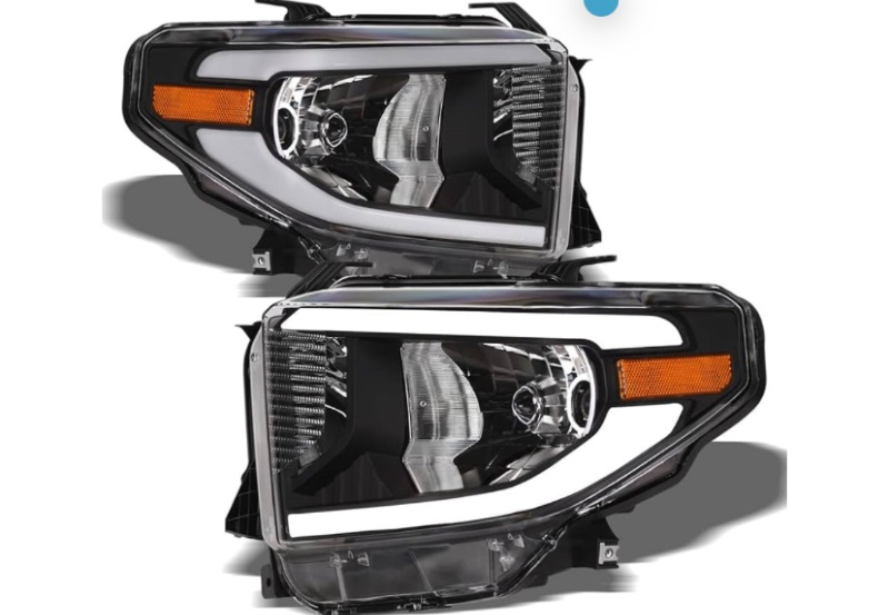 View 2 of 7422437285295 Compatible With 2014-2021 Toyota Tundra SR / SR5 / Limited/TRD PRO DRL LED Strip Bar Black Housing Headlights With Amber Reflector