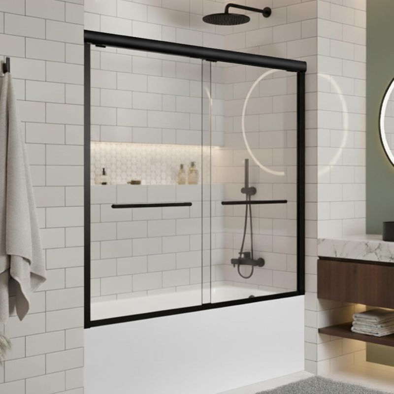 Photo 1 of 55-60 W x 57 in H Clear Glass Bypass Shower Door, Matte Black