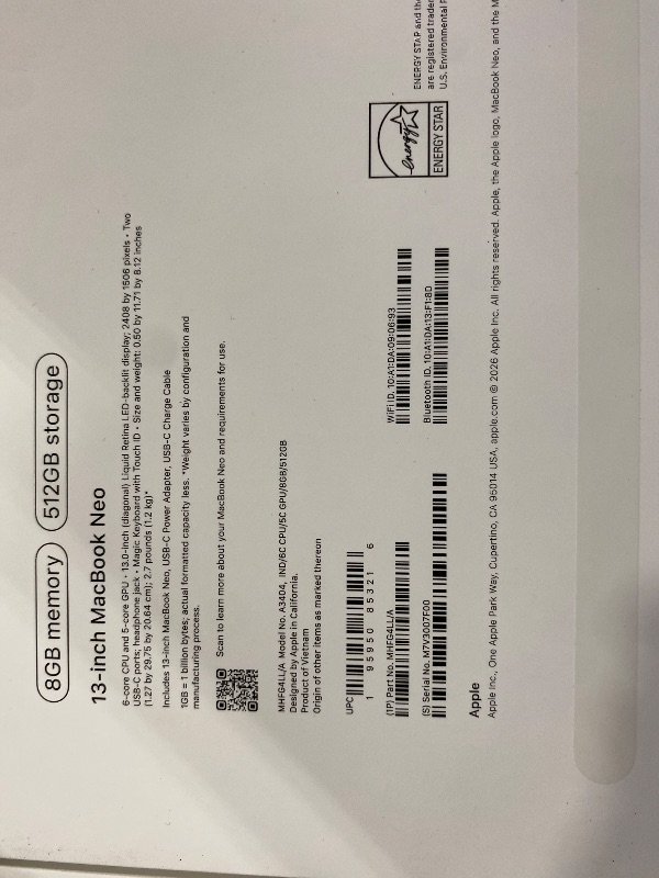 Photo 1 of Apple 2026 MacBook Neo 13-inch Laptop with A18 Pro chip: Built for AI and Apple Intelligence, Liquid Retina Display, 8GB Unified Memory, 512GB SSD Storage, 1080p FaceTime HD Camera, Touch ID; Indigo