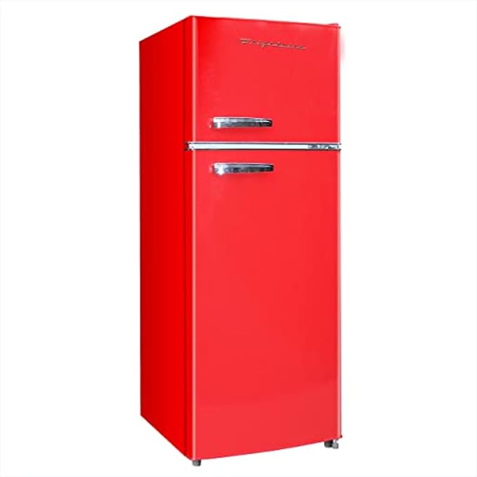Photo 1 of Frigidaire Retro Top Mount Upright Fridge-Freezer Combo, Apartment Size Fridge with Freezer 7.5 cu. ft. capacity - 23.2" D x 21.5" W x 55.5" H (Red)
