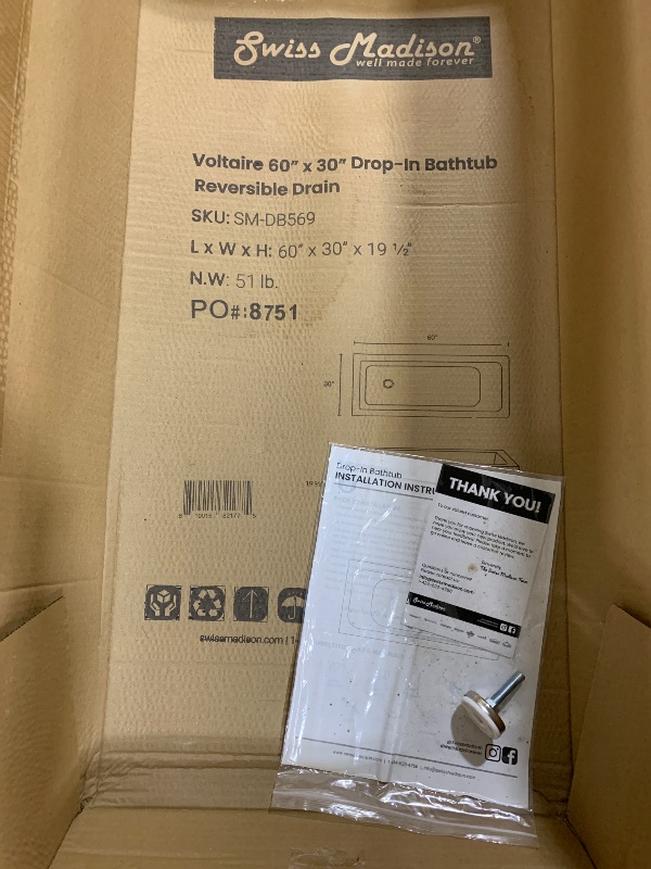 Photo 1 of Swiss Madison Voltaire 60" x 30" Reversible Drain Drop-In Bathtub