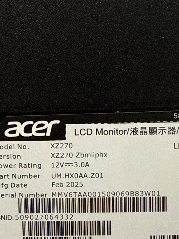 View 3 of ***Parts Only***  Acer Nitro 27in FHD 1920x1080 Curved 280Hz Gaming Monitor XZ270 Zbmiiphx