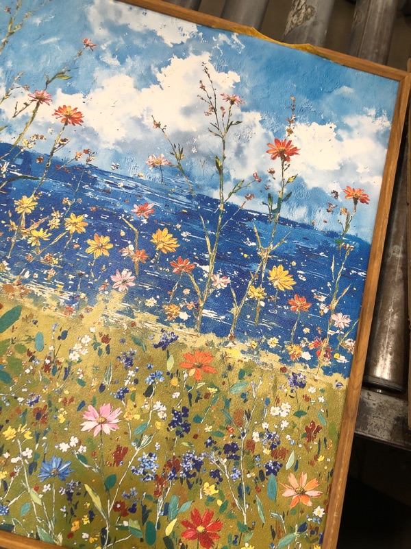 View 3 of (SEE NOTES)BICERE Large Blue Seaside Wildflower Framed Canvas Wall Art,Modern Nature Ocean Wall Decor,Rustic Sky Printing,White Cloud Landscape Artwork for Living Room,Bedroom,Dining Room-20"x40"x1
