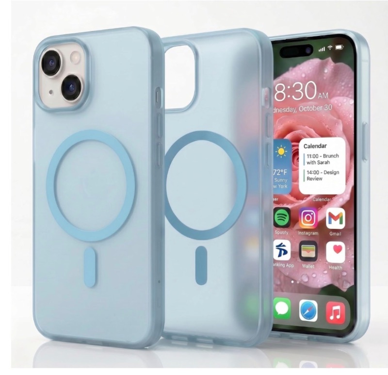 View 1 of ***STOCK IMAGE FOR REFERENCE***
Amazon Basics Plastic Luxury Paper Thin Back Case Cover for iPhone 15 | Matte Finish | Compatible with Magsafe | (Blue, iPhone 15)