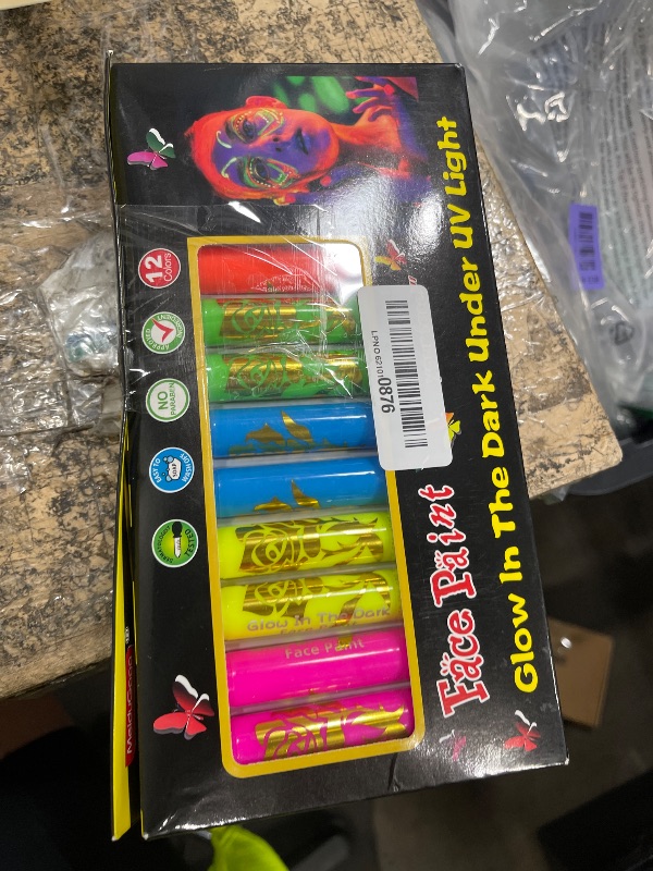 View 2 of 12 PCS Glow Face Body Paint, Glow In The Dark Under UV Black Light Sticks Makeup Neon Face Painting Kits for Adult Halloween Festival Accessory Glow Party Supplies