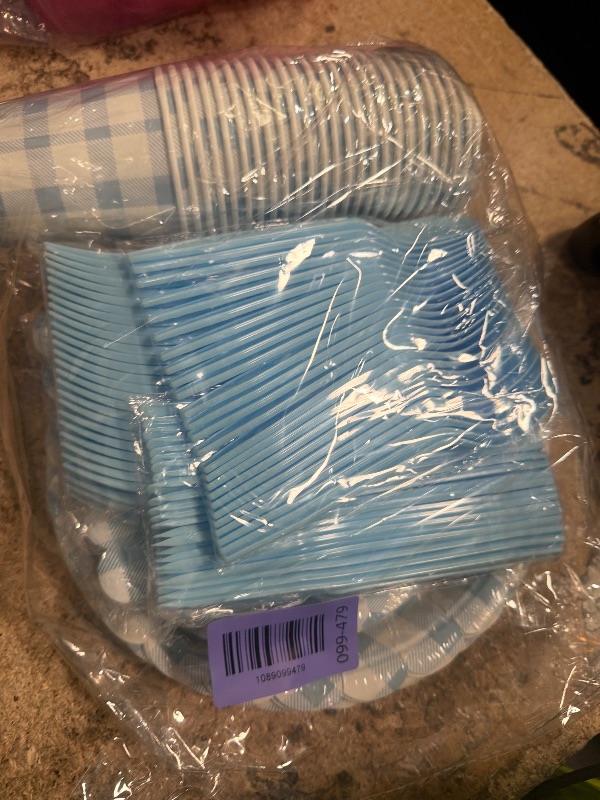 View 2 of 175 PCS Blue Gingham Party Supplies Includes Light Blue Gingham Paper Plates, Cups, Napkins, Cutlery for Wedding Bridal Shower Birthday Baby Shower Party Decorations, Serves 25