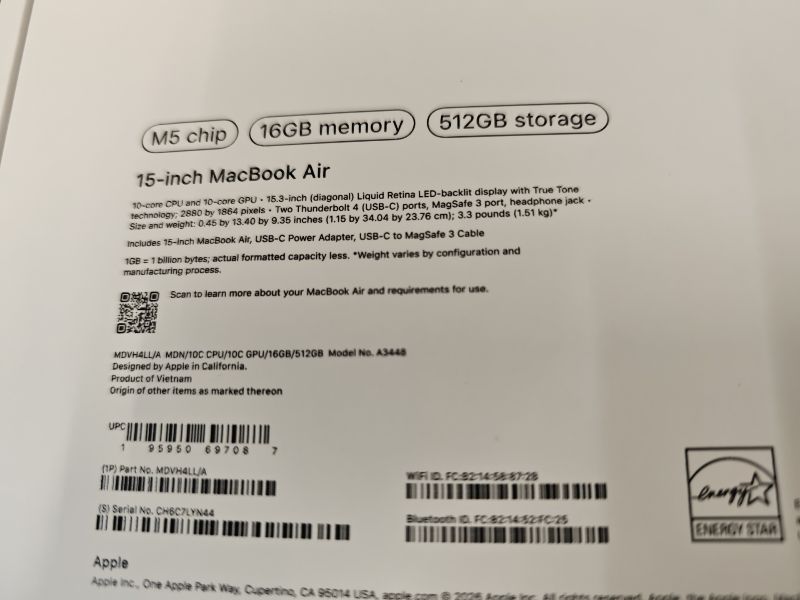 Photo 1 of Apple 2026 MacBook Air 15-inch Laptop with M5 chip: Built for AI, 15.3-inch Liquid Retina Display, 16GB Unified Memory, 512GB SSD, 12MP Center Stage Camera, Touch ID, Wi-Fi 7; Midnight