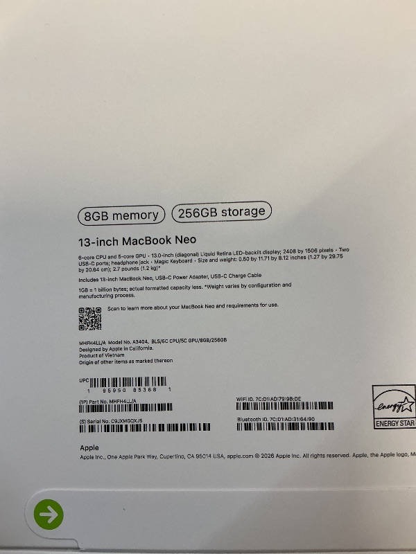Photo 1 of FACTORY SEALED— Apple MacBook Neo 13-inch Laptop