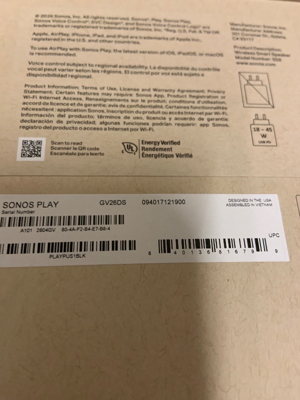 Photo 1 of Sonos Play Portable WiFi and Bluetooth Speaker - Black