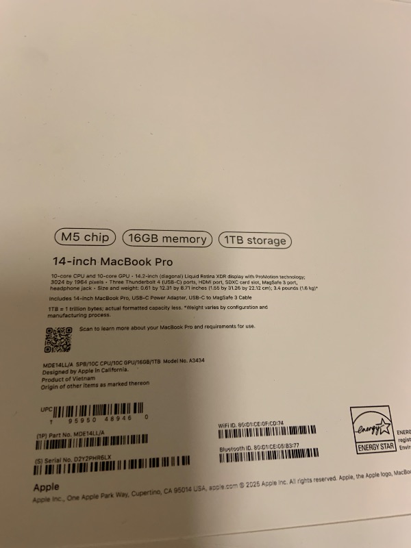 Photo 1 of Apple 2025 MacBook Pro Laptop with Apple M5 chip with 10?core CPU and 10?core GPU: Built for AI, 14.2-inch Liquid Retina XDR Display, 16GB Unified Memory, 1TB SSD Storage; Space Black