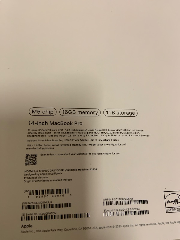 Photo 1 of Apple 2025 MacBook Pro Laptop with Apple M5 chip with 10?core CPU and 10?core GPU: Built for AI, 14.2-inch Liquid Retina XDR Display, 16GB Unified Memory, 1TB SSD Storage; Space Black
