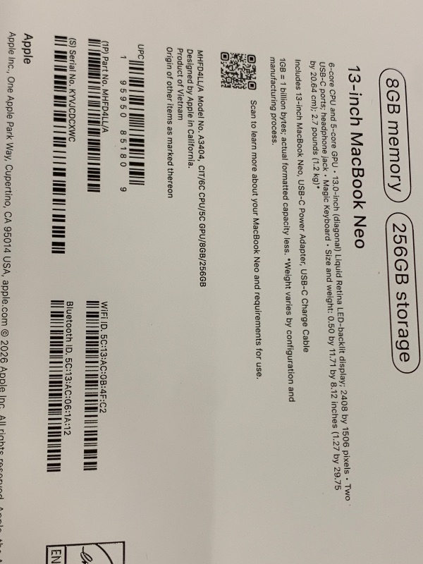 Photo 1 of Apple 2026 MacBook Neo 13-inch Laptop with A18 Pro chip: Built for AI and Apple Intelligence, Liquid Retina Display, 8GB Unified Memory, 256GB SSD Storage, 1080p FaceTime HD Camera; Citrus