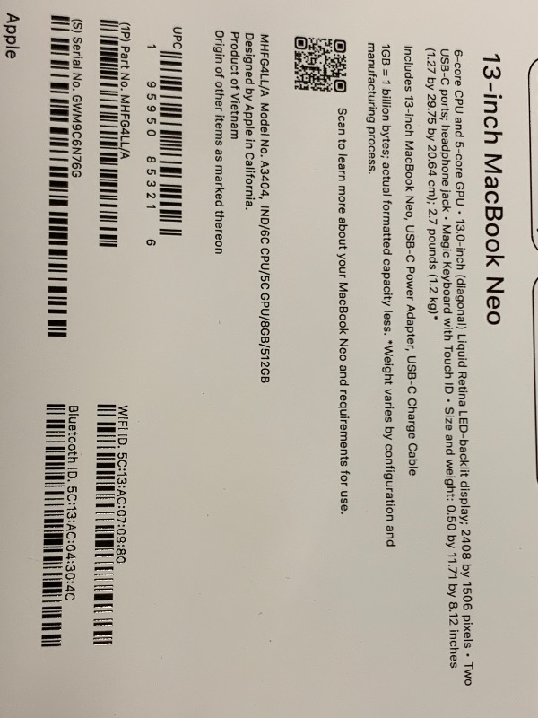 Photo 1 of Apple 2026 MacBook Neo 13-inch Laptop with A18 Pro chip: Built for AI and Apple Intelligence, Liquid Retina Display, 8GB Unified Memory, 512GB SSD Storage, 1080p FaceTime HD Camera, Touch ID; Indigo