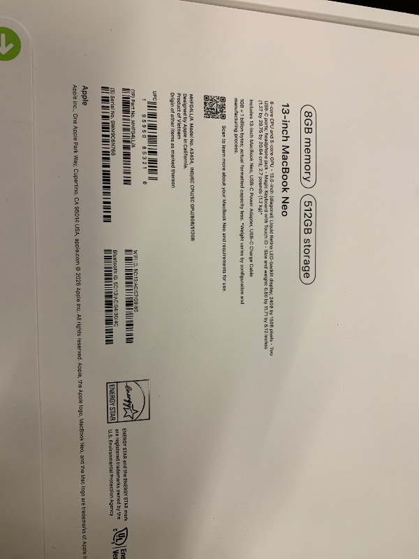 Photo 1 of Apple 2026 MacBook Neo 13-inch Laptop with A18 Pro chip: Built for AI and Apple Intelligence, Liquid Retina Display, 8GB Unified Memory, 512GB SSD Storage, 1080p FaceTime HD Camera, Touch ID; Indigo