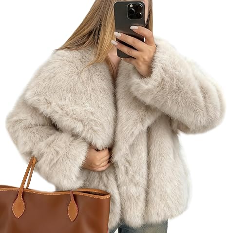 Photo 1 of Flygo Women's Fluffy Faux Fur Coat Long Sleeve Cropped Faux Fur Jacket - S