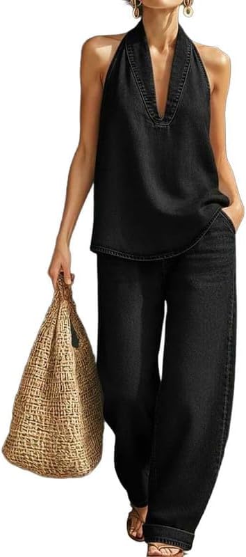 Photo 1 of Famnbro Women's Halter Tank Wide Leg Jean Set - M