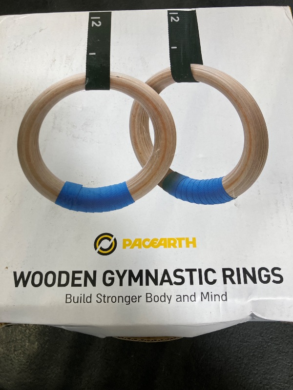 Photo 1 of PACEARTH Gymnastics Rings Wooden Olympic Rings 1500/1000lbs with Adjustable Cam Buckle 14.76ft/9ft Long Straps with Scale Non-Slip Gym Rings for Home Gym Full Body Workout