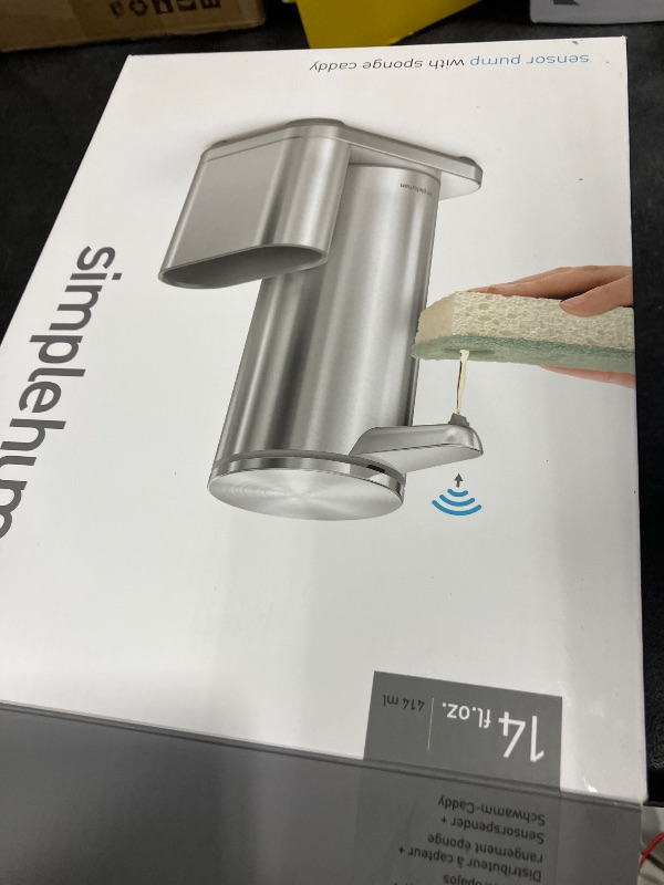Photo 1 of simplehuman Liquid Sensor Pump with Caddy, 14 oz Automatic Soap Dispenser for Kitchen Sink, Motion Sensor, Variable Dispense, Battery Powered, Integrated Sponge Holder, Brushed Stainless Steel