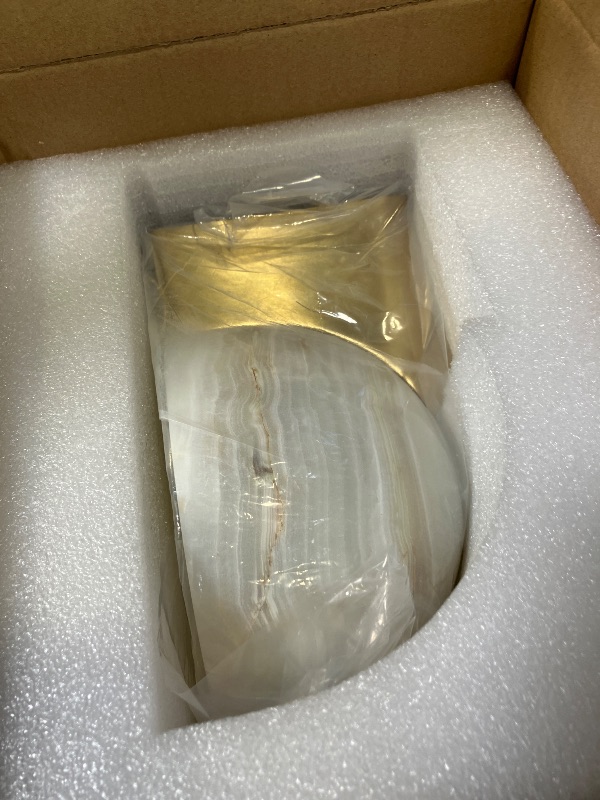 Photo 1 of Bowl-Shaped Alabaster Sconce, 6” Diam Unique Textures Stone Wall Lamp, Hand-Polished Natural Stone Wall Mounted Lamp with Metal, Wall Light Fixture for Hallway, Bathroom, Bedroom, Living Room (Brass)