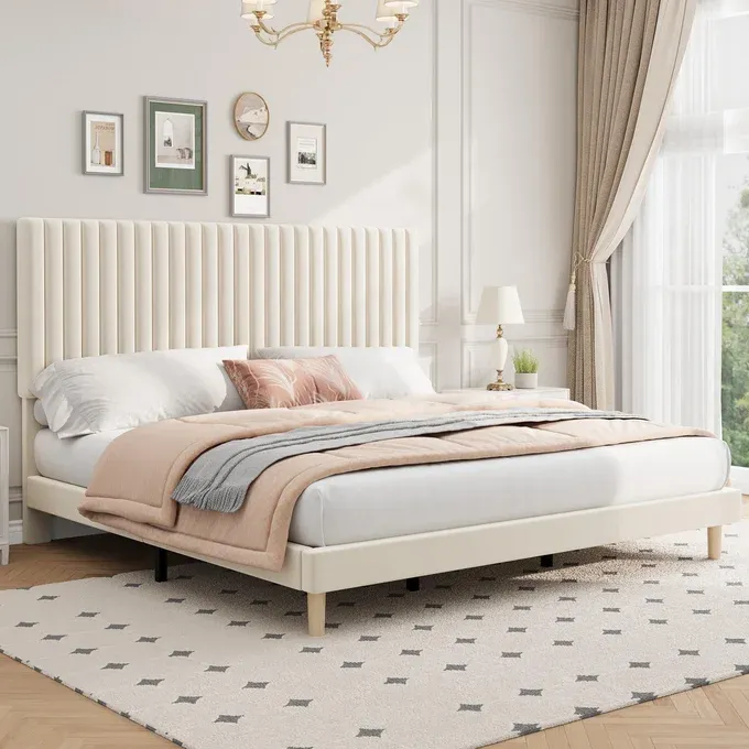 Photo 1 of Garvee King Size Bed Frame, Adjustable Height Headboard, Velvet Upholstered Platform Bed Frame, No Box Spring Needed, Easy Assembly, Beige