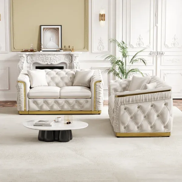 Photo 1 of KEIKI 2-Piece Luxury Chesterfield Sofa Gold Stainless Decoration and Rolled Arms, for Living Room, Beige