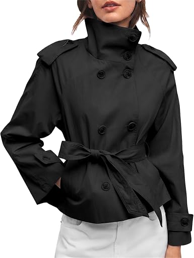 Photo 1 of Womens Cropped Trench Coat Double Breasted Short Jacket High Collar Spring Fall Coats Trendy Outwear with Belt size S