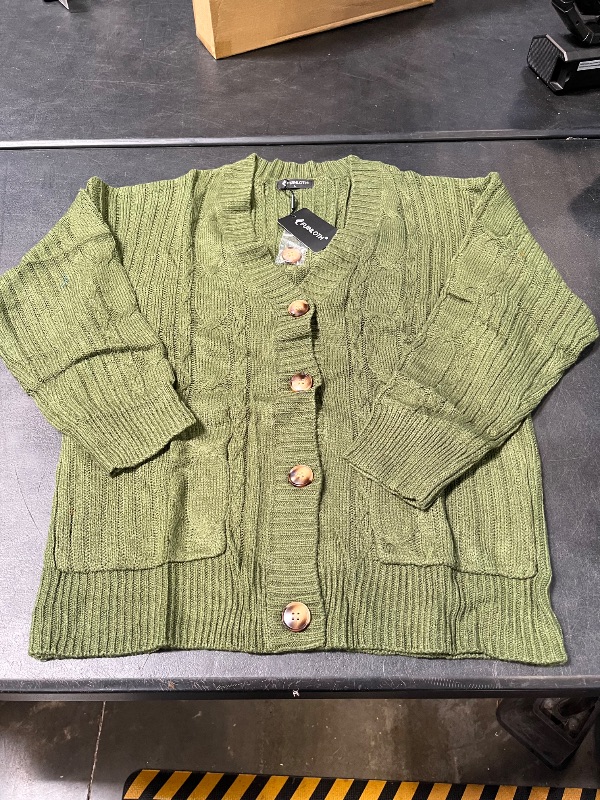 View 3 of Fuinloth Women's Cardigan Sweater, Oversized Chunky Knit Button Closure with Pockets Army Green Large