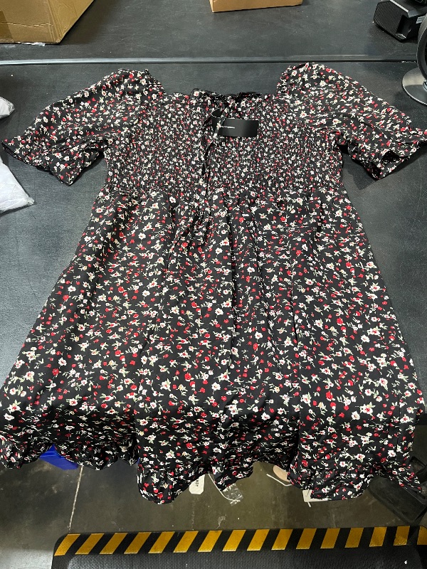 View 3 of Allegra K Women Floral Smocked Puff Sleeve Square Neck Ruffled Hem Dress large