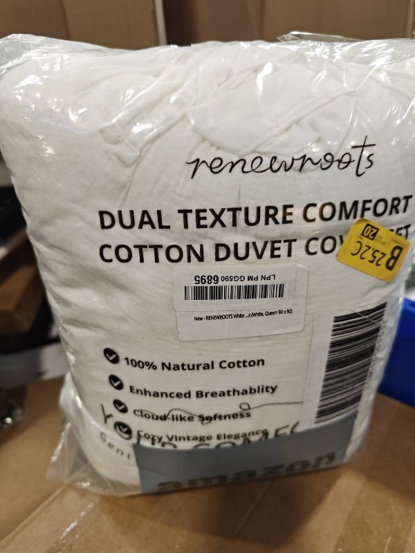 Photo 1 of RENEWROOTS Queen Duvet Cover Set - 100% Sandwashed Cotton, Off White