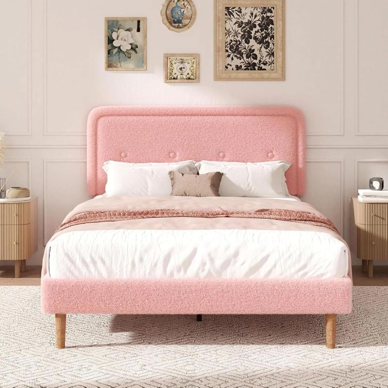View 1 of ***STOCK PHOTO FOR REFERENCE ONLY******TRUCK/TRAILER PICKUP ONLY***Queen Size Boucle Bed Frame with Adjustable Headboard, Cloud Boucle Upholstered Platform Bed Frame, Rounded Corners Design & Easy Assembly, Box Spring Optional, Noise Free, Pink