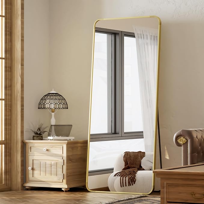 Photo 1 of BEAUTYPEAK 65" x 24" Rounded Corner Full Length Mirror with Stand, Gold
Aluminum Alloy Frame with Standing, Leaning, or Wall-Mounted, Ideal for Bedroom, Dressing Room, Entryway, and Living Room
