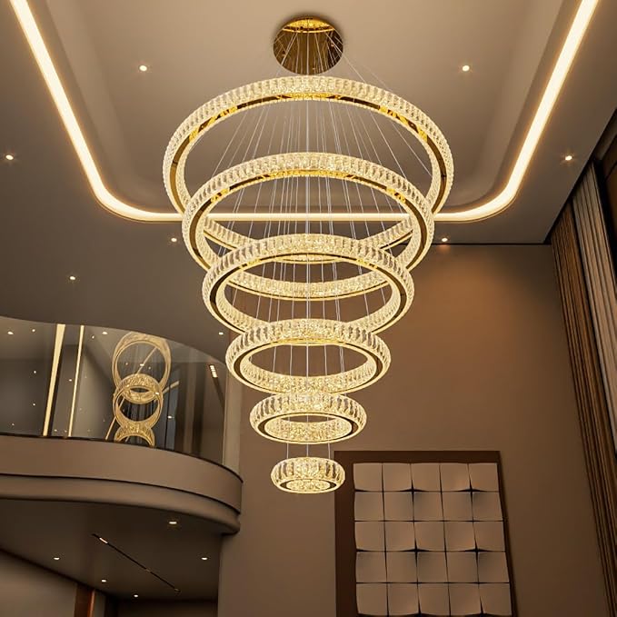 Photo 1 of HAIXIANG Modern Chandelier 8"+16"+24"+32"+40"+47" 6 Rings Crystal LED Dimmable Lighting Foyer Entryway High Ceiling Living Room Chanderliers Pendant Lights Fixtures Gold Light