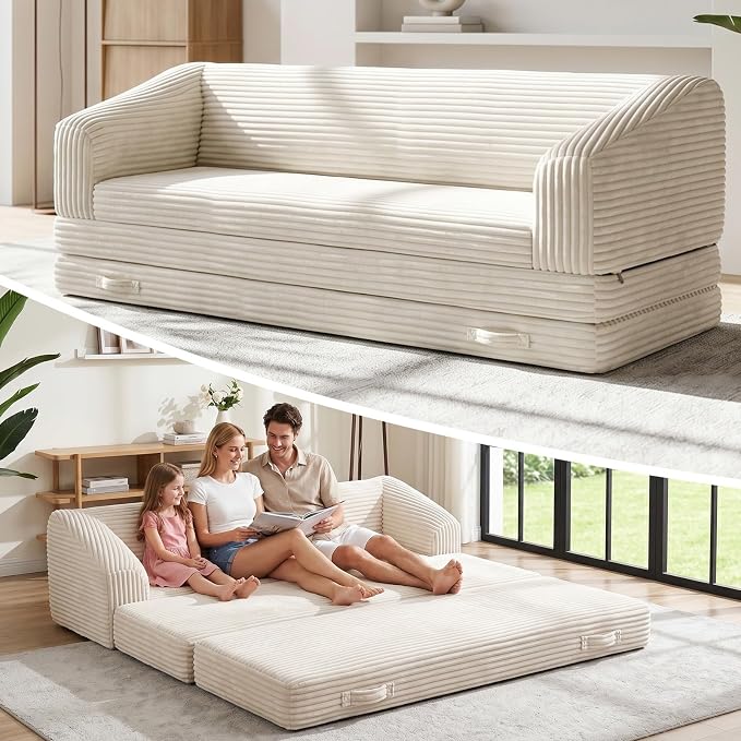 Photo 1 of Folding Sofa Bed, 3-in-1 Convertible Triple Floor Couch Bed with Corduroy Extra-Thick Backrest & Carry Handle, Boneless Chair Bed Foldable Sleeper Couch for Family Room, Home, Overnight Guest