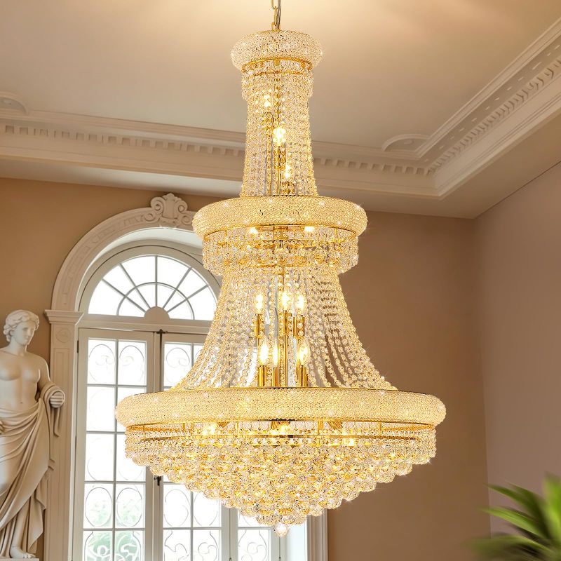 View 1 of  Light Forward 27-Lights High Ceiling Chandelier Modern 32-inch Gold Crystal Chandeliers Large Foyer Chandelier Fixtures for Staircase Living Room Hallway Entryway
