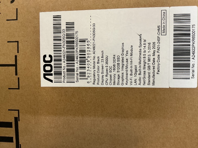 Photo 1 of AOC 24" All-in-One Desktop Computer, 512GB SSD, AMD Ryzen 5, Windows 11