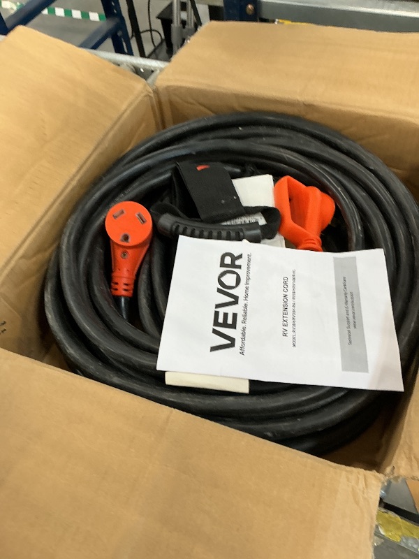 Photo 1 of VEVOR 75 FT RV Extension Cord, 50 Amp, 125V/250V 7500W Heavy Duty STW 6/3 + 8/1 Gauge Wire, NEMA 14-50P Male NEMA 14-50R Female Plug, with LED Indicator, Handle, 15A Adapter for RV Trailer, ETL Listed