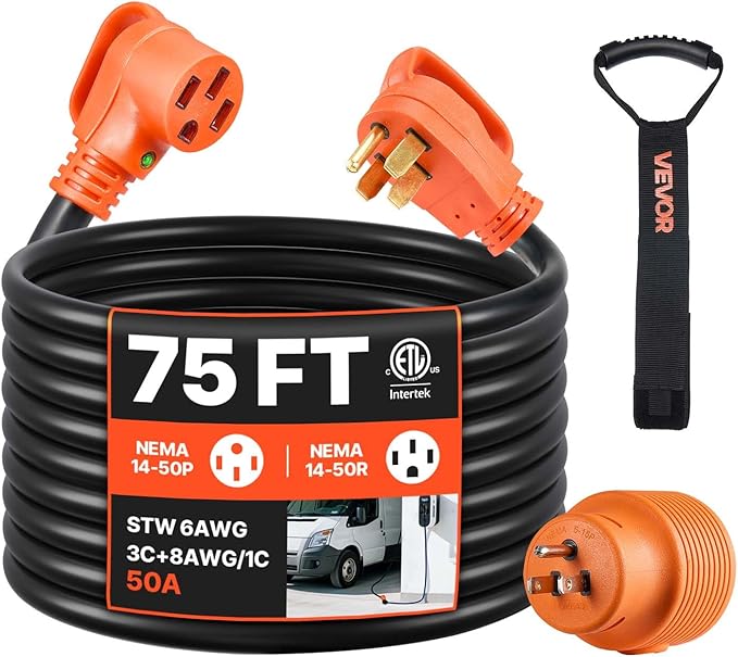 Photo 1 of VEVOR 75 FT RV Extension Cord, 50 Amp, 125V/250V 7500W Heavy Duty STW 6/3 + 8/1 Gauge Wire, NEMA 14-50P Male NEMA 14-50R Female Plug, with LED Indicator, Handle, 15A Adapter for RV Trailer, ETL Listed