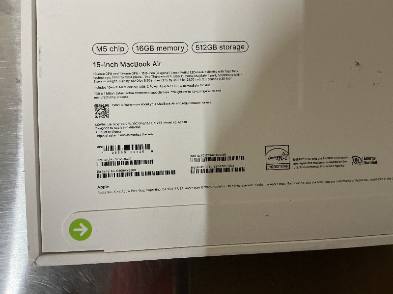 Photo 1 of Apple 2026 MacBook Air 15-inch Laptop with M5 chip: Built for AI, 15.3-inch Liquid Retina Display, 16GB Unified Memory, 512GB SSD, 12MP Center Stage Camera, Touch ID, Wi-Fi 7; Silver