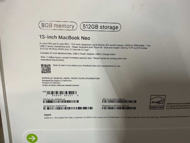 Photo 1 of Apple 2026 MacBook Neo 13-inch Laptop with A18 Pro chip: Built for AI and Apple Intelligence, Liquid Retina Display, 8GB Unified Memory, 512GB SSD Storage, 1080p FaceTime HD Camera, Touch ID; Indigo