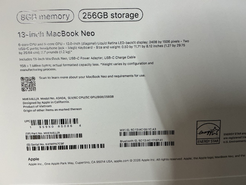 Photo 1 of Apple 2026 MacBook Neo 13-inch Laptop with A18 Pro chip: Built for AI and Apple Intelligence, Liquid Retina Display, 8GB Unified Memory, 256GB SSD Storage, 1080p FaceTime HD Camera; Silver
