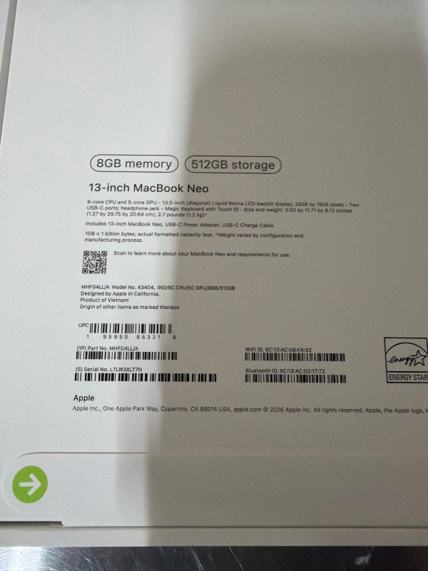 Photo 1 of Apple 2026 MacBook Neo 13-inch Laptop with A18 Pro chip: Built for AI and Apple Intelligence, Liquid Retina Display, 8GB Unified Memory, 512GB SSD Storage, 1080p FaceTime HD Camera, Touch ID; Indigo