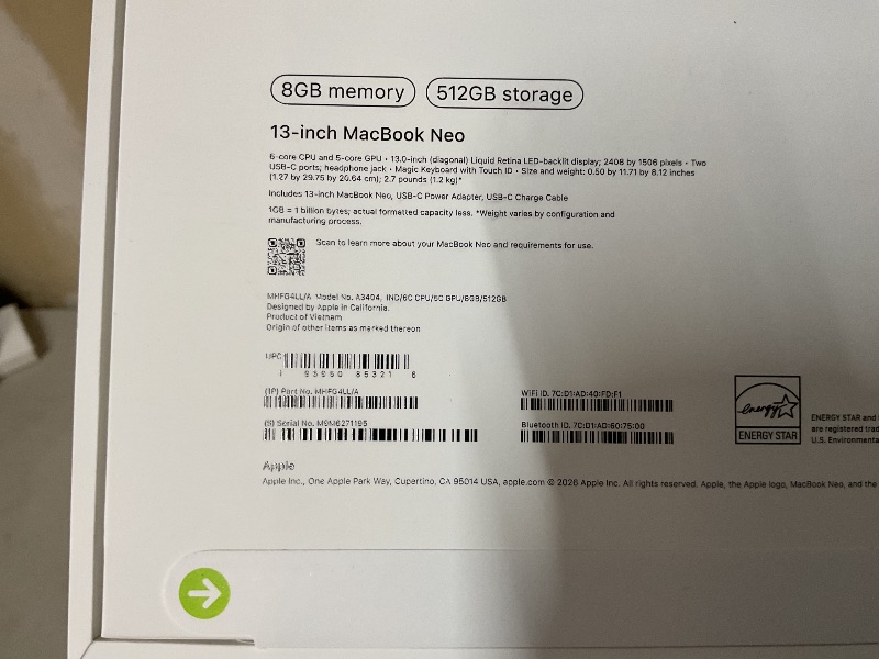 Photo 1 of Apple 2026 MacBook Neo 13-inch Laptop with A18 Pro chip: Built for AI and Apple Intelligence, Liquid Retina Display, 8GB Unified Memory, 512GB SSD Storage, 1080p FaceTime HD Camera, Touch ID; Indigo