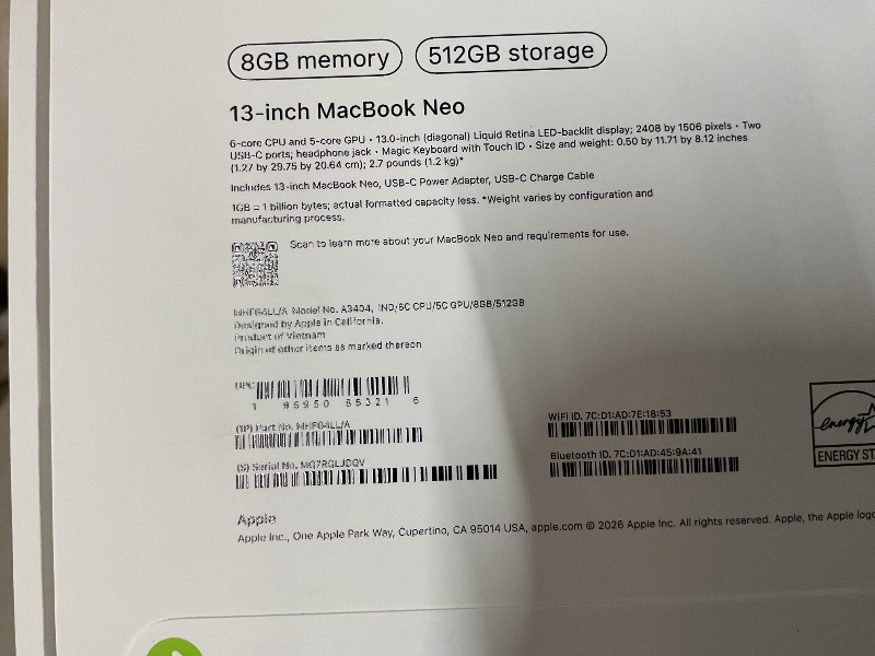 Photo 1 of Apple 2026 MacBook Neo 13-inch Laptop with A18 Pro chip: Built for AI and Apple Intelligence, Liquid Retina Display, 8GB Unified Memory, 512GB SSD Storage, 1080p FaceTime HD Camera, Touch ID; Indigo