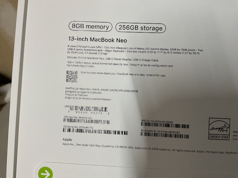 Photo 1 of Apple 2026 MacBook Neo 13-inch Laptop with A18 Pro chip: Built for AI and Apple Intelligence, Liquid Retina Display, 8GB Unified Memory, 256GB SSD Storage, 1080p FaceTime HD Camera; Indigo