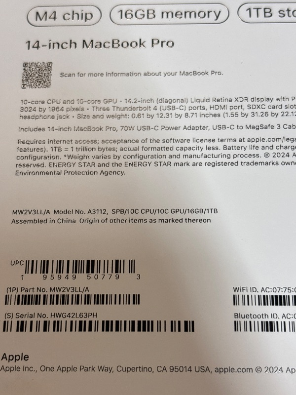 Photo 1 of Apple 2024 MacBook Pro Laptop with M4 chip with 10?core CPU and 10?core GPU: Built for Apple Intelligence, 14.2-inch Liquid Retina XDR Display, 16GB Unified Memory, 1TB SSD Storage; Space Black