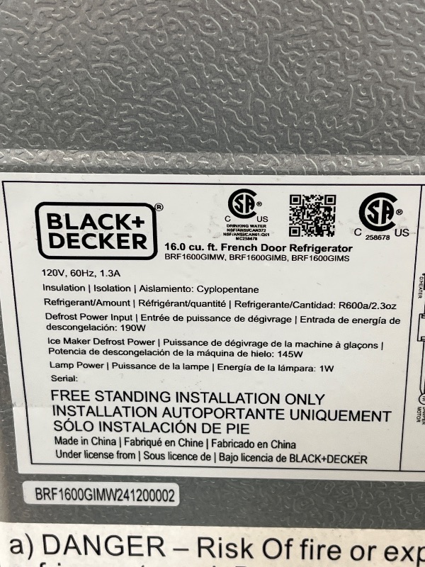 View 2 of BLACK+DECKER 16 Cu. Ft. French Door Refrigerator, Built-in Ice Maker, White------DOES NOT WORK NEEDS FREON
