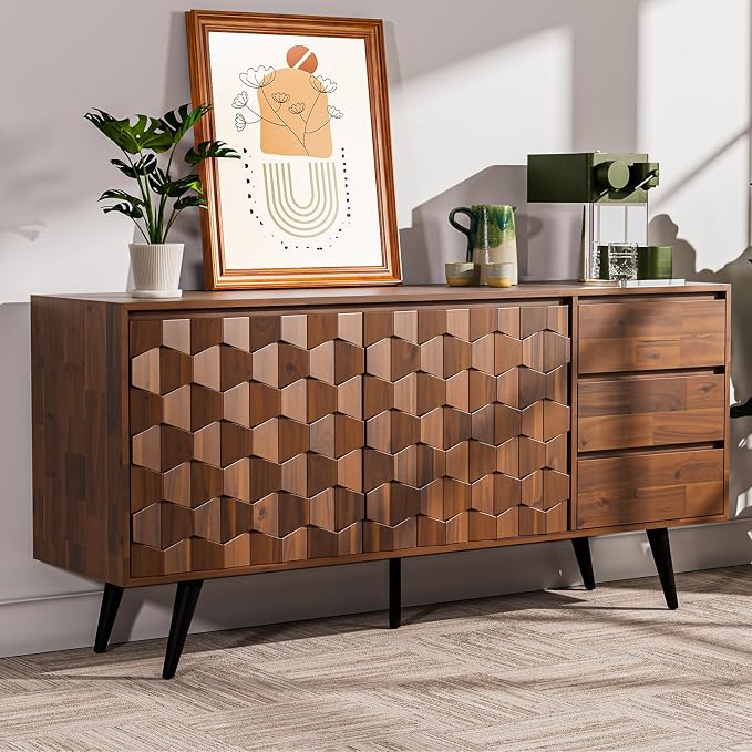 Photo 1 of Sideboard Georgina Solid Wood 2 Doors & 3 Drawers, 61'' Mid Century Modern Cabinet With Geometric Pattern For Kitchen, Dining, Living Room (Damage to mount points and minimal scuffs)
